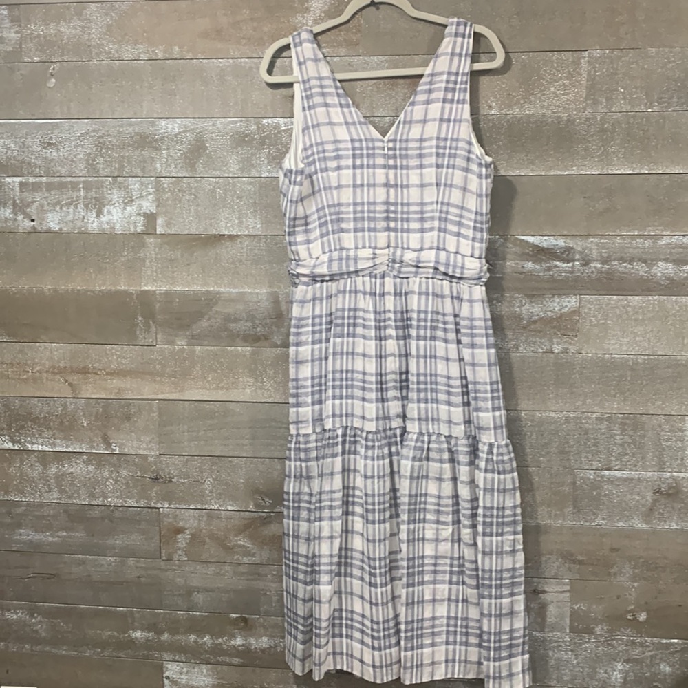 DKNY blue and white plaid tiered ruffle tank maxi with v-neck size 10 - Picture 4 of 10
